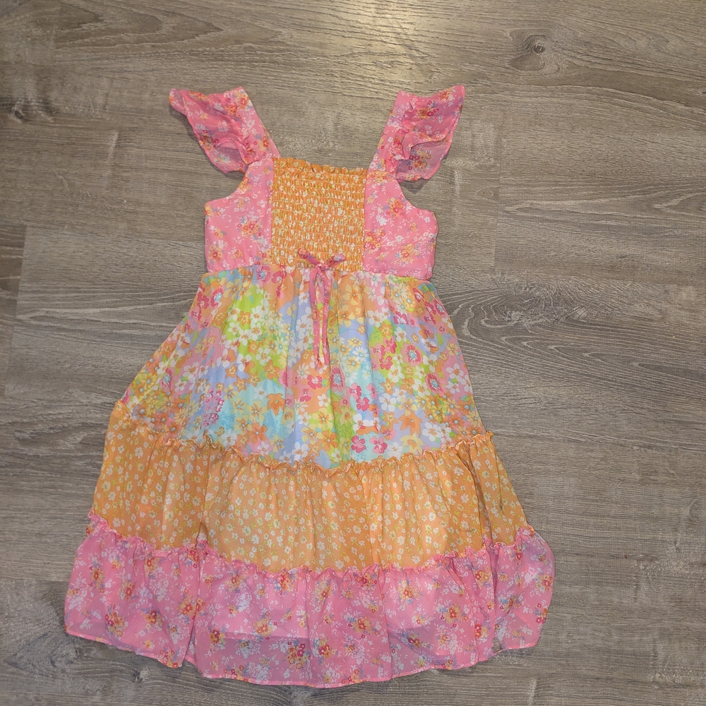 Pink and Yellow Flutter Sleeve Sundress with Square Neck